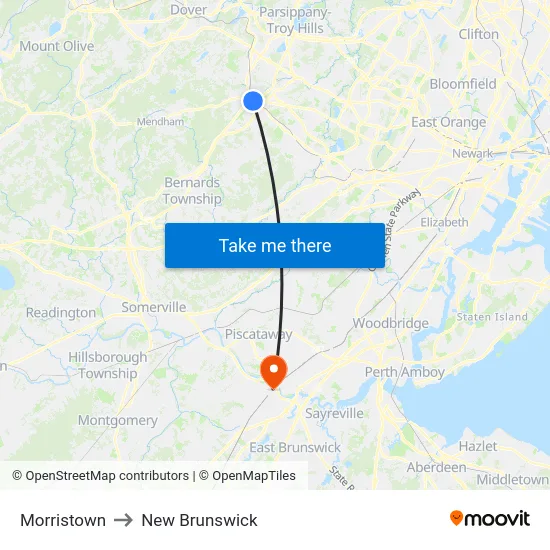 Morristown to New Brunswick map