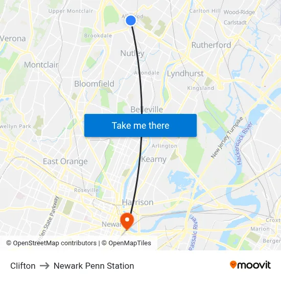 Clifton to Newark Penn Station map