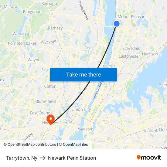 Tarrytown, Ny to Newark Penn Station map