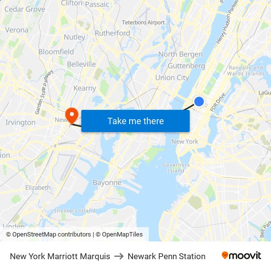 New York Marriott Marquis to Newark Penn Station map