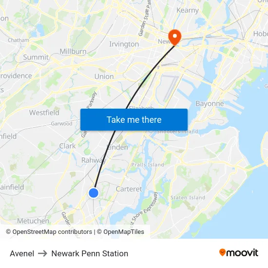 Avenel to Newark Penn Station map