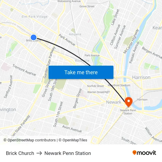 Brick Church to Newark Penn Station map