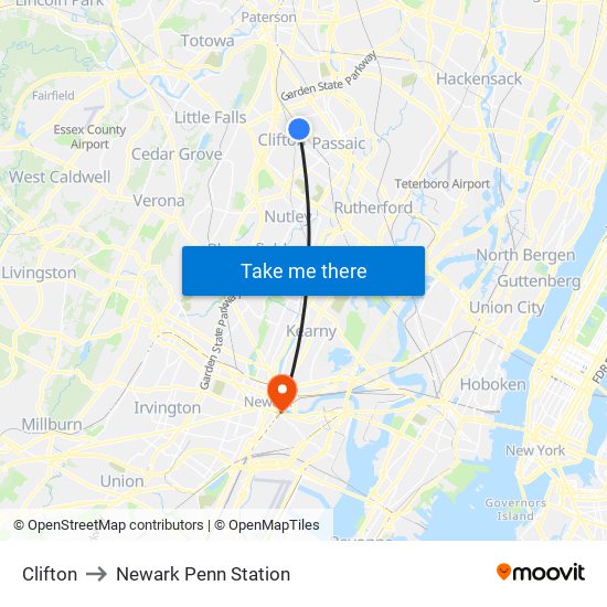 Clifton to Newark Penn Station map