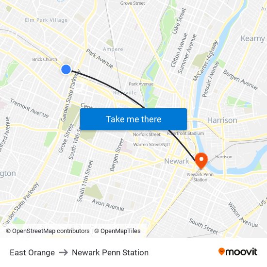 East Orange to Newark Penn Station map