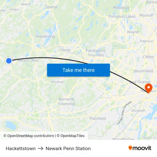 Hackettstown to Newark Penn Station map