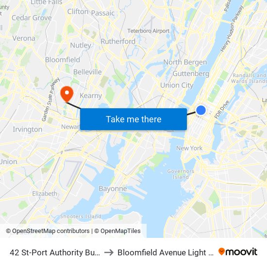 42 St-Port Authority Bus Terminal to Bloomfield Avenue Light Rail Station map