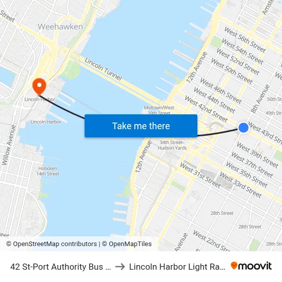 42 St-Port Authority Bus Terminal to Lincoln Harbor Light Rail Station map