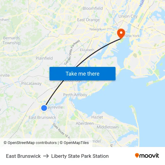 East Brunswick to Liberty State Park Station map