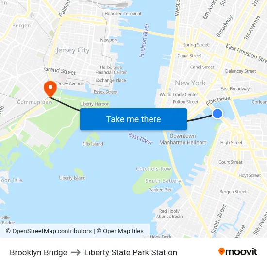 Brooklyn Bridge to Liberty State Park Station map