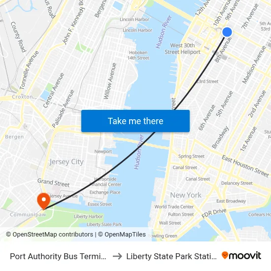 Port Authority Bus Terminal to Liberty State Park Station map