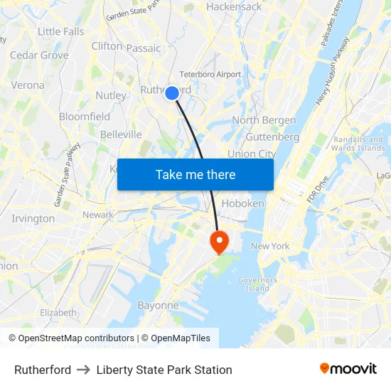 Rutherford to Liberty State Park Station map