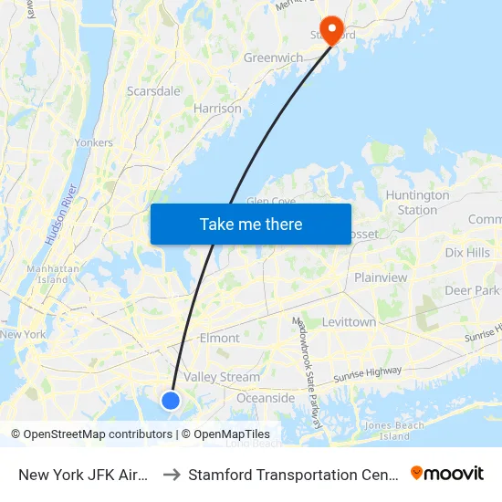 New York JFK Airport JFK to Stamford Transportation Center @ Bay F map