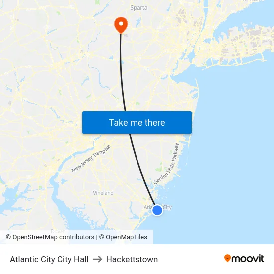 Atlantic City City Hall to Hackettstown map