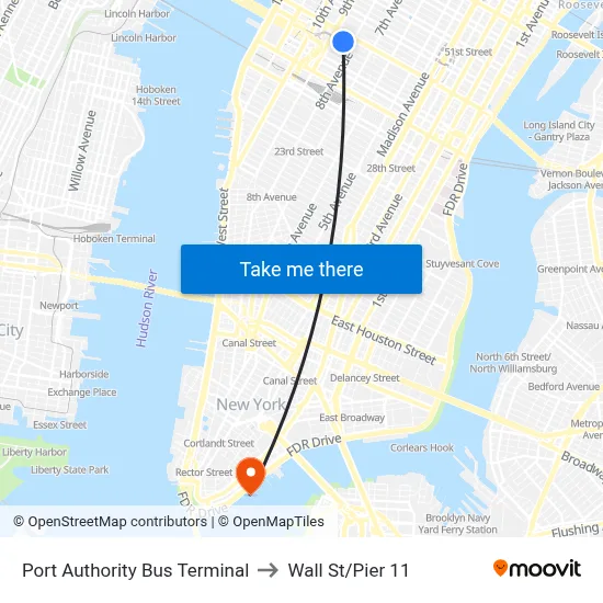 Port Authority Bus Terminal to Wall St/Pier 11 map