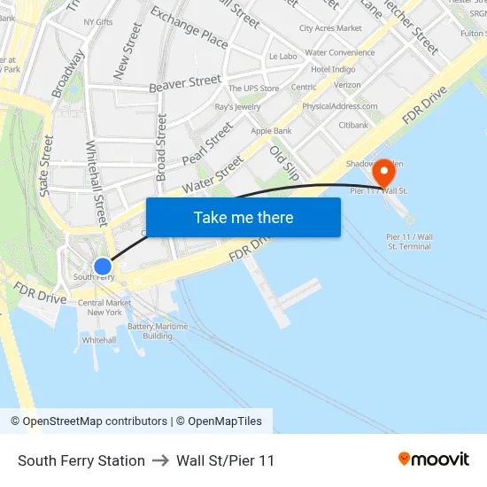 South Ferry Station to Wall St/Pier 11 map