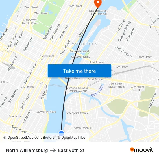 North Williamsburg to East 90th St map