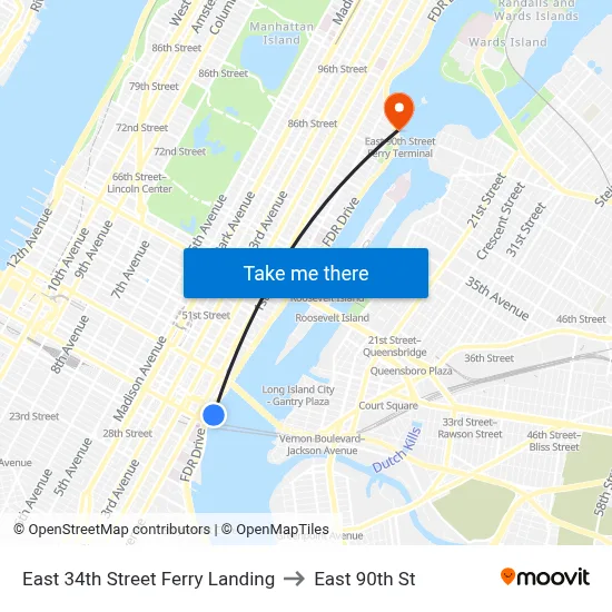 East 34th Street Ferry Landing to East 90th St map