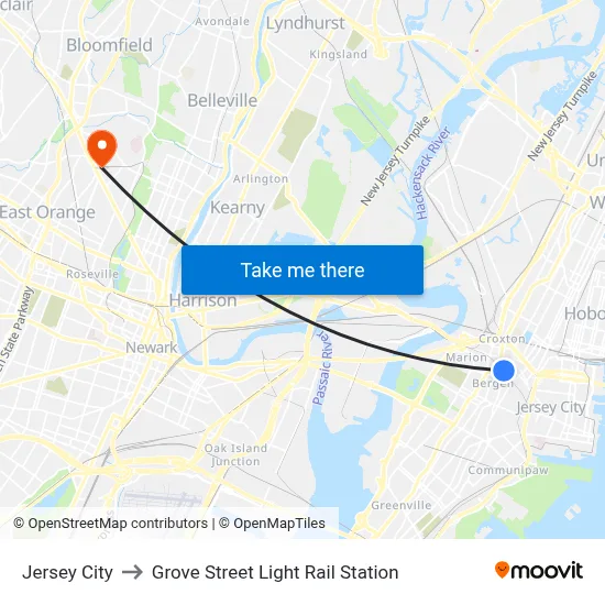 Jersey City to Grove Street Light Rail Station map