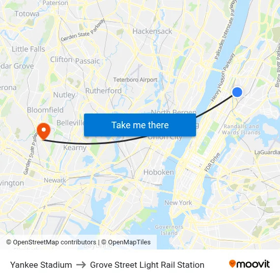 Yankee Stadium to Grove Street Light Rail Station map