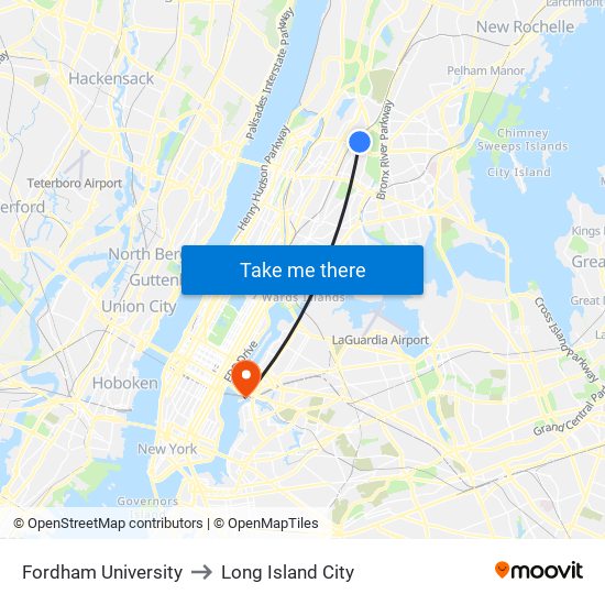 Fordham University to Long Island City map