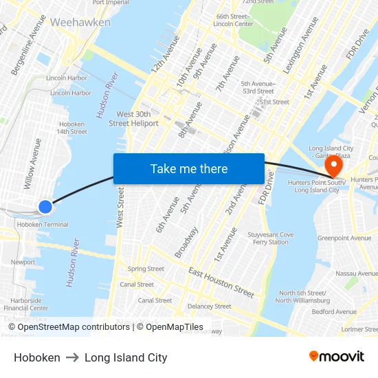 Hoboken to Long Island City map