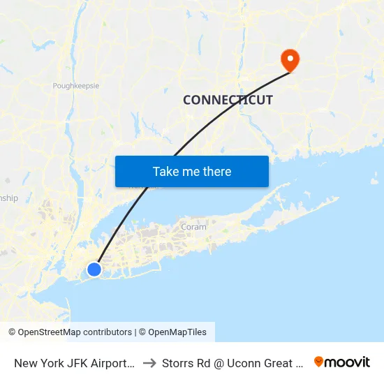 New York JFK Airport JFK to Storrs Rd @ Uconn Great Lawn map