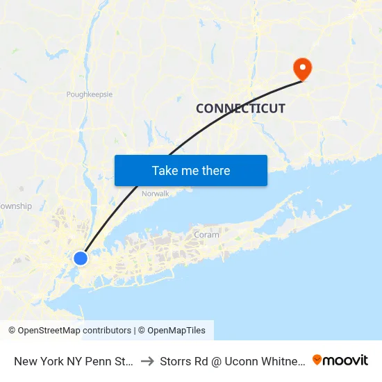 New York NY Penn Station to Storrs Rd @ Uconn Whitney Hall map
