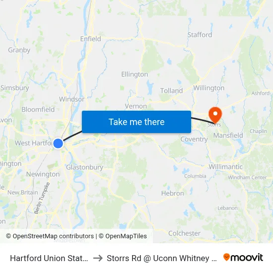 Hartford Union Station to Storrs Rd @ Uconn Whitney Hall map