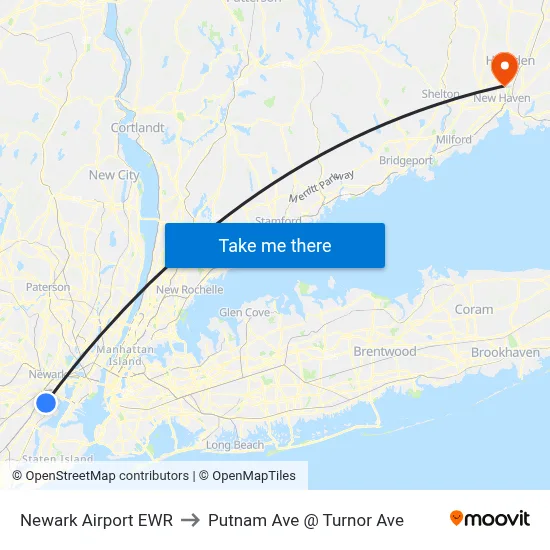 Newark Airport EWR to Putnam Ave @ Turnor Ave map