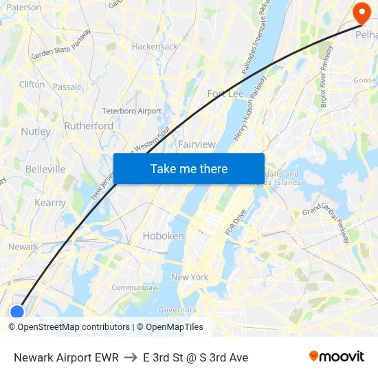 Newark Airport EWR to E 3rd St @ S 3rd Ave map