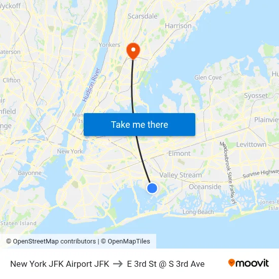 New York JFK Airport JFK to E 3rd St @ S 3rd Ave map