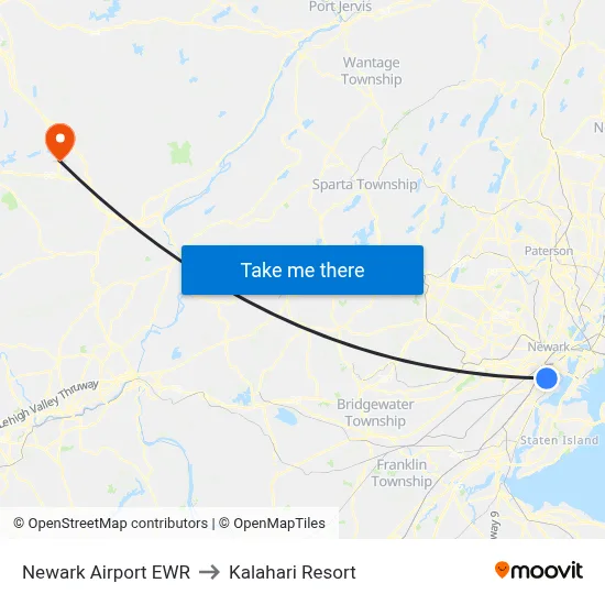 Newark Airport EWR to Kalahari Resort map