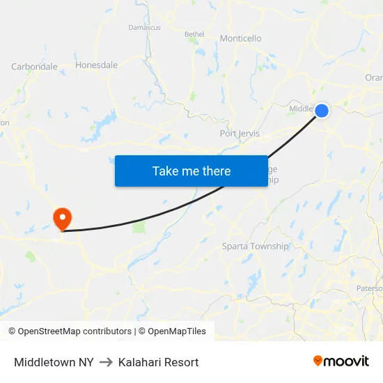 Middletown NY to Kalahari Resort map