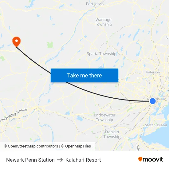 Newark Penn Station to Kalahari Resort map