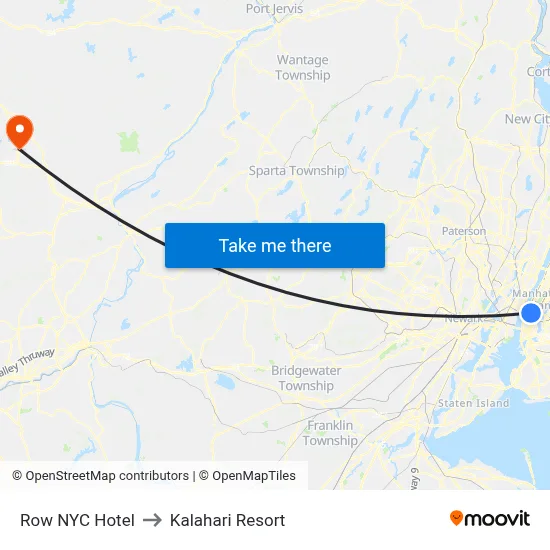 Row NYC Hotel to Kalahari Resort map