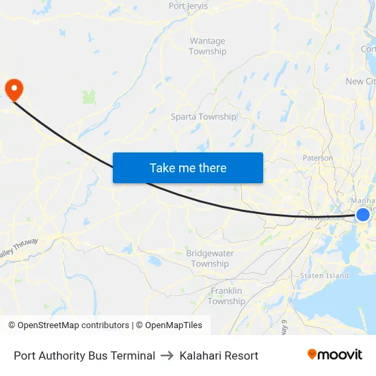 Port Authority Bus Terminal to Kalahari Resort map