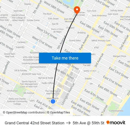 Grand Central 42nd Street Station to 5th Ave @ 59th St map