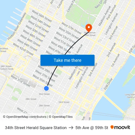 34th Street Herald Square Station to 5th Ave @ 59th St map