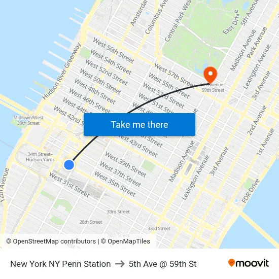 New York NY Penn Station to 5th Ave @ 59th St map