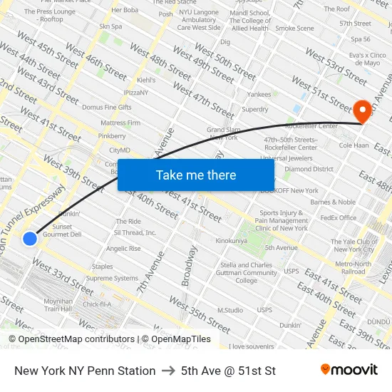 New York NY Penn Station to 5th Ave @ 51st St map