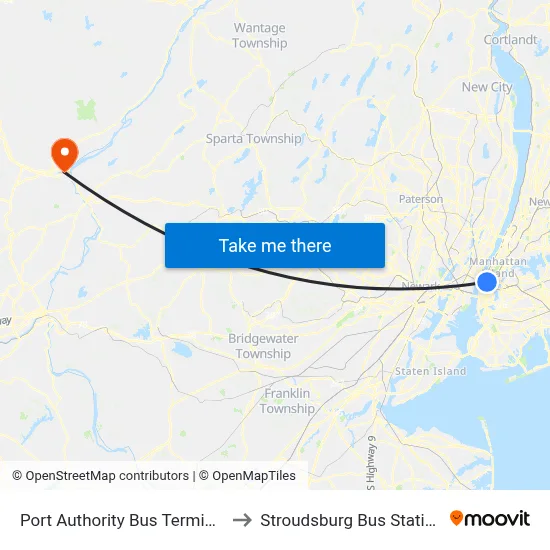 Port Authority Bus Terminal to Stroudsburg Bus Station map
