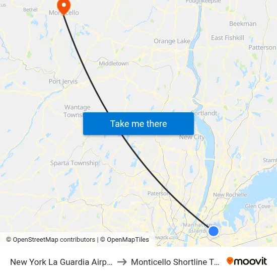 New York La Guardia Airport LGA to Monticello Shortline Terminal map