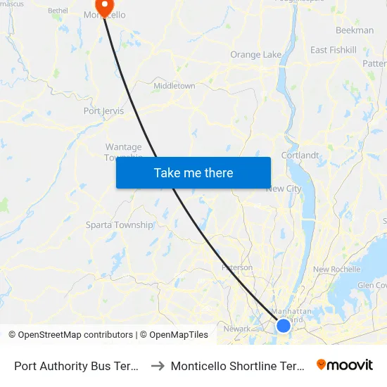 Port Authority Bus Terminal to Monticello Shortline Terminal map