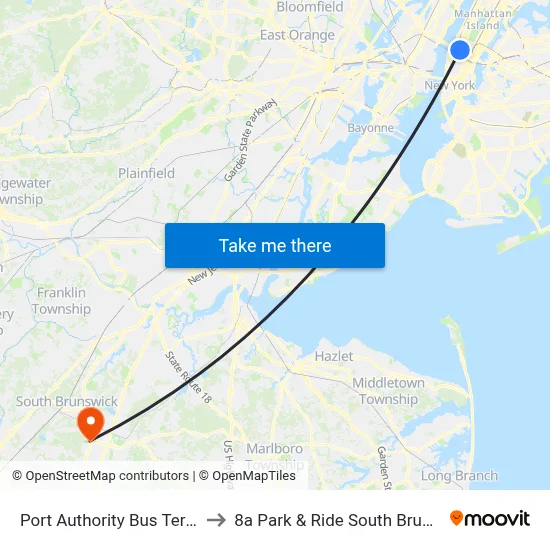 Port Authority Bus Terminal to 8a Park & Ride South Brunswick map