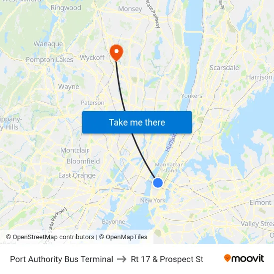 Port Authority Bus Terminal to Rt 17 & Prospect St map