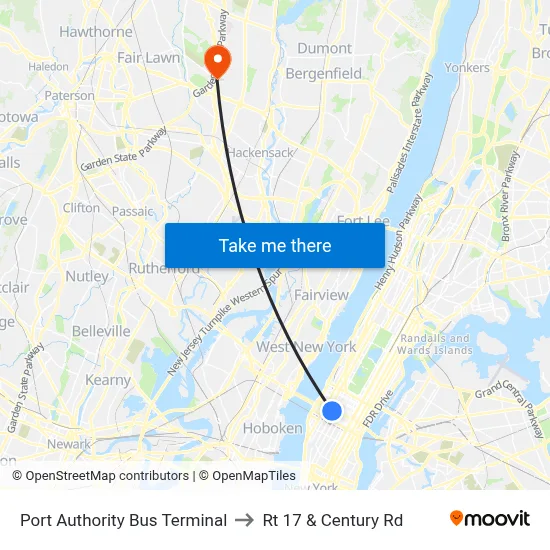 Port Authority Bus Terminal to Rt 17 & Century Rd map