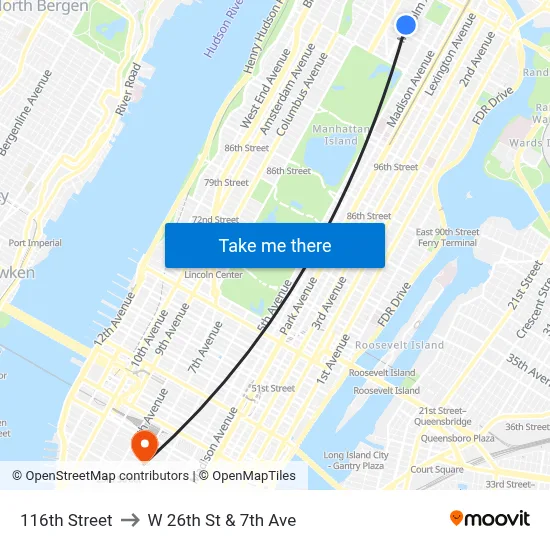 116th Street to W 26th St & 7th Ave map