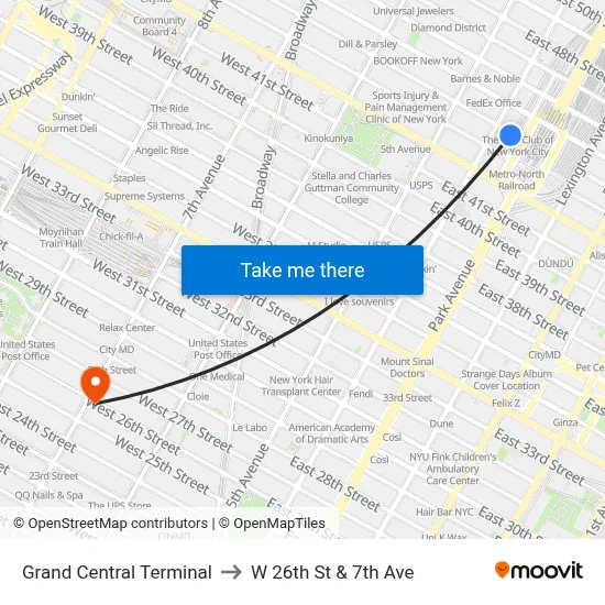 Grand Central Terminal to W 26th St & 7th Ave map