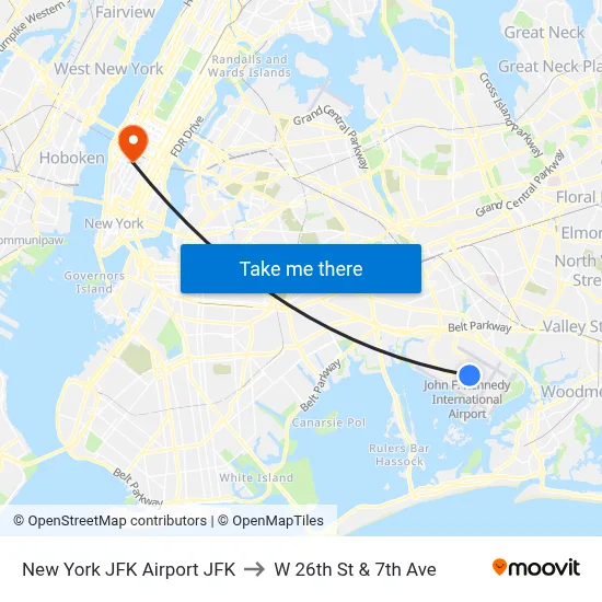 New York JFK Airport JFK to W 26th St & 7th Ave map