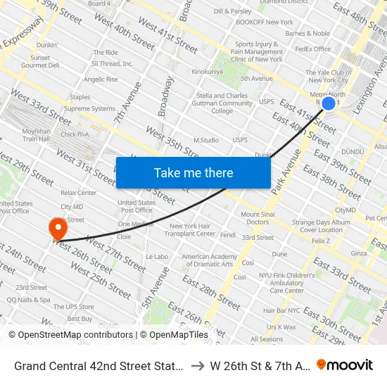 Grand Central 42nd Street Station to W 26th St & 7th Ave map